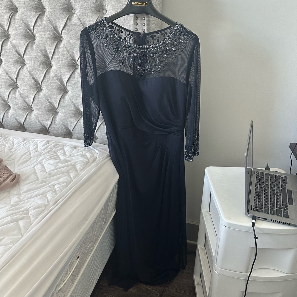 Elegant Navy Gown with Beaded Sleeves 3/4.  Ruching to make it super flattering